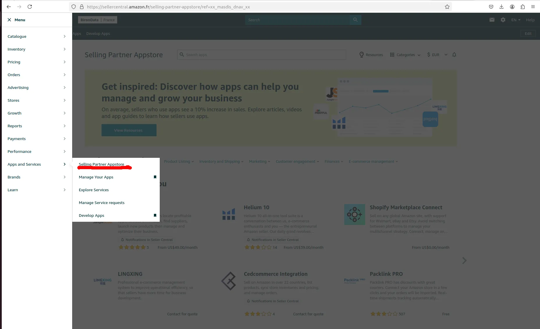 Menu Apps and Services dans Seller Central