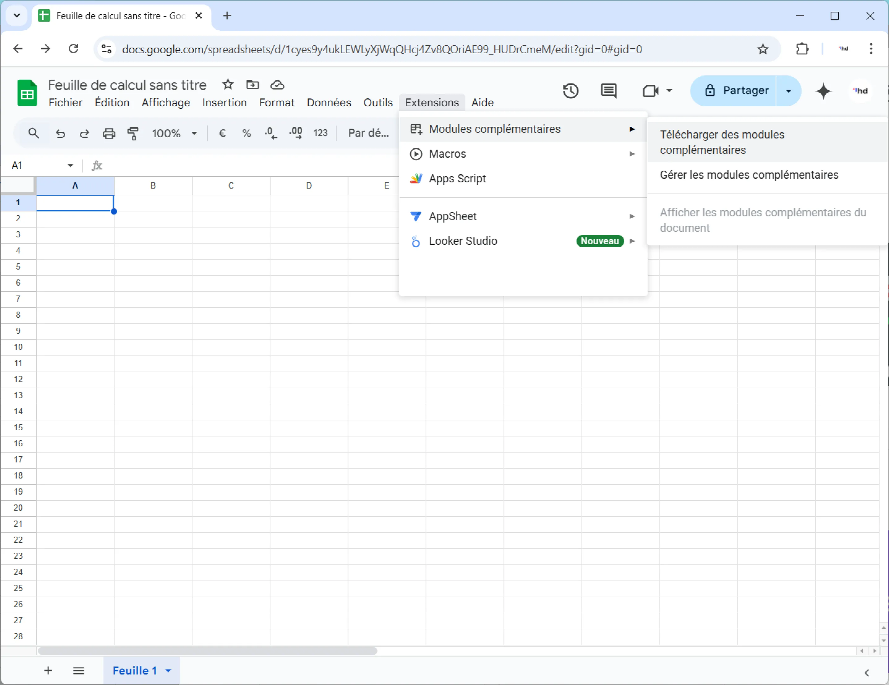 Menu des modules complémentaires dans Sheets