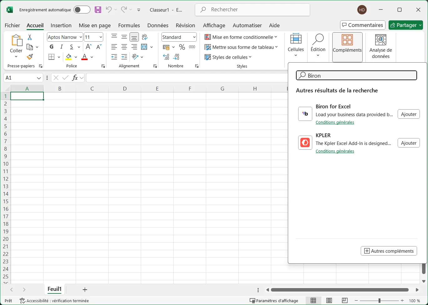 Recherche du module Biron for Excel
