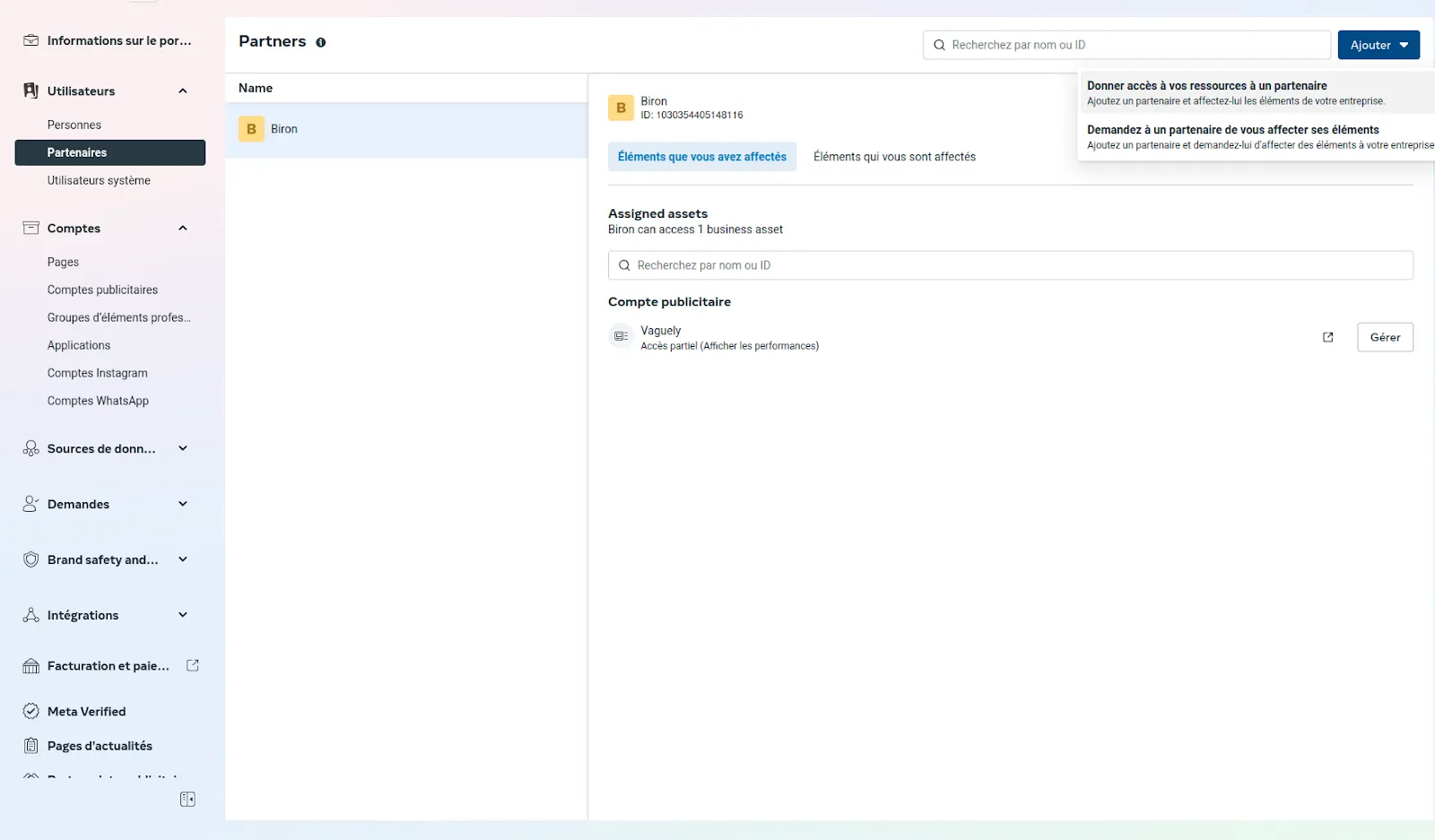 Onglet Partenaires dans Meta Business Suite