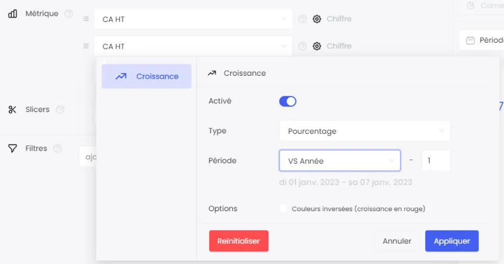 Configuration d'une croissance de métrique