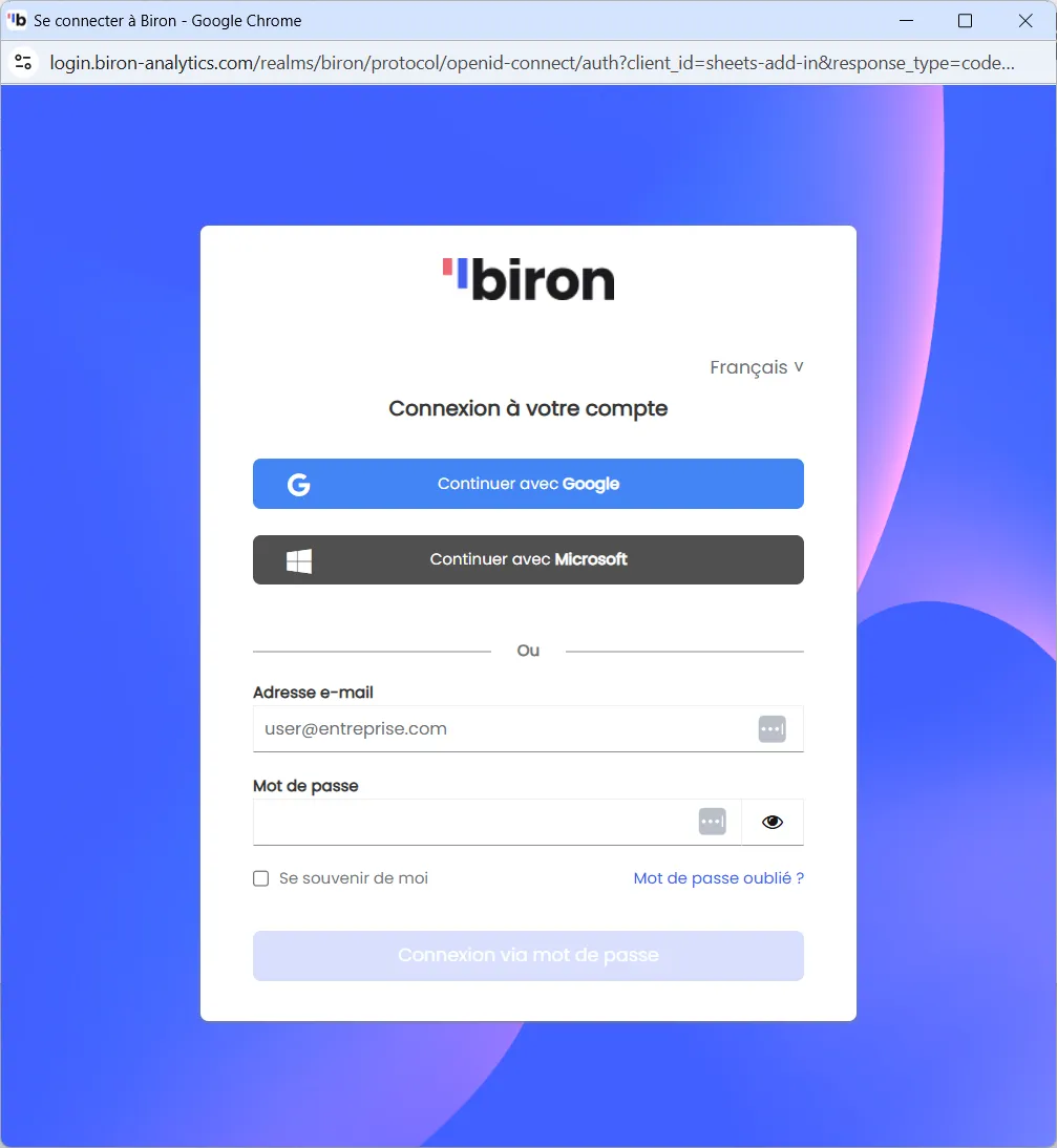 Fenêtre de connexion à Biron dans Sheets