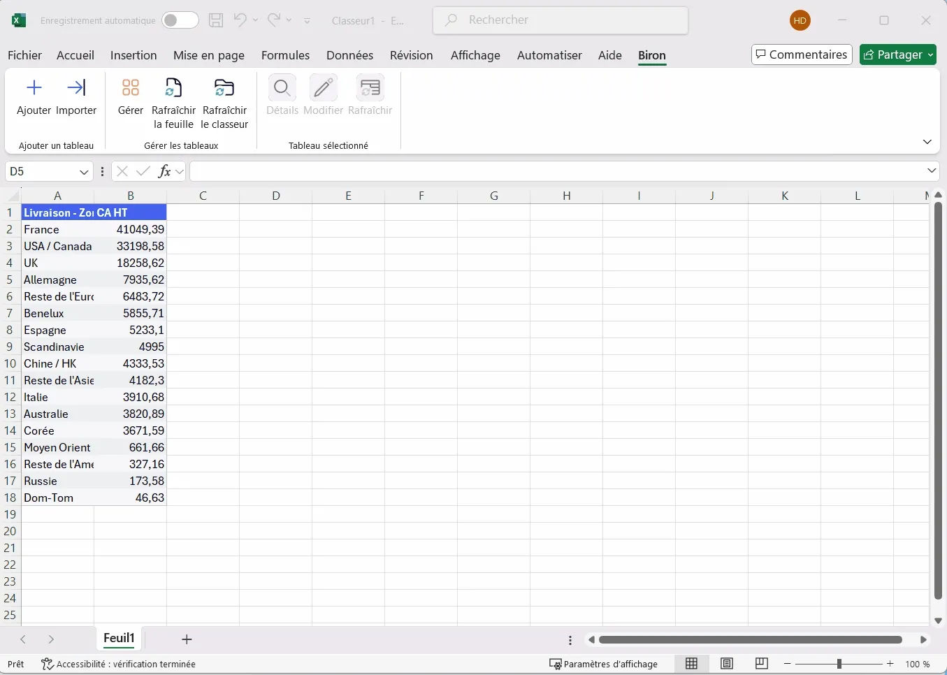 Actions contextuelles sur un tableau Excel