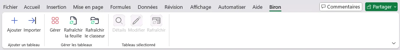 Onglet Biron dans le ruban Excel