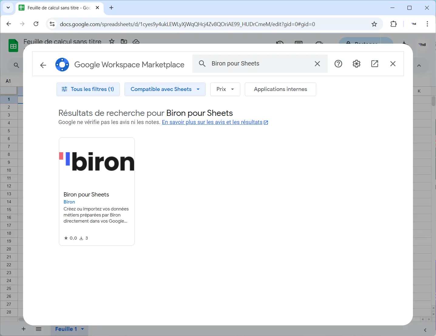 Recherche du plugin Biron pour Sheets