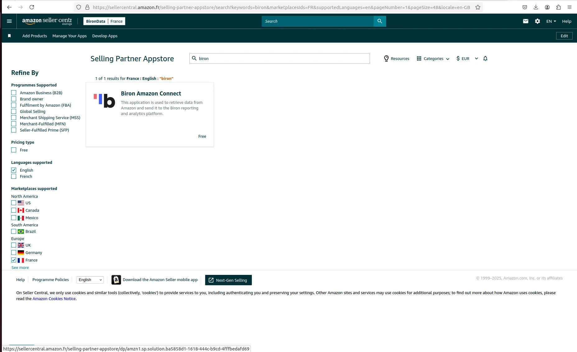 Application Biron dans le Selling Partner Appstore