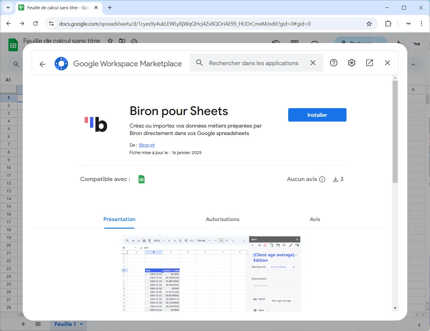 Installation du plugin Biron pour Sheets