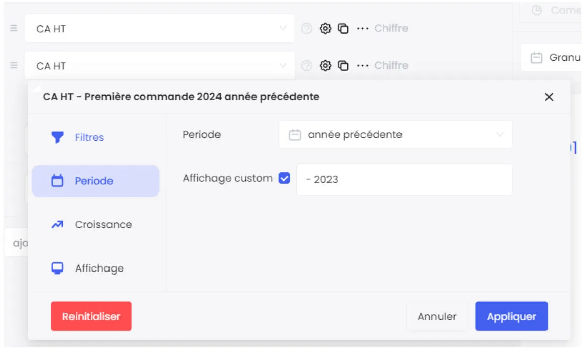 Configuration d'une période de métrique