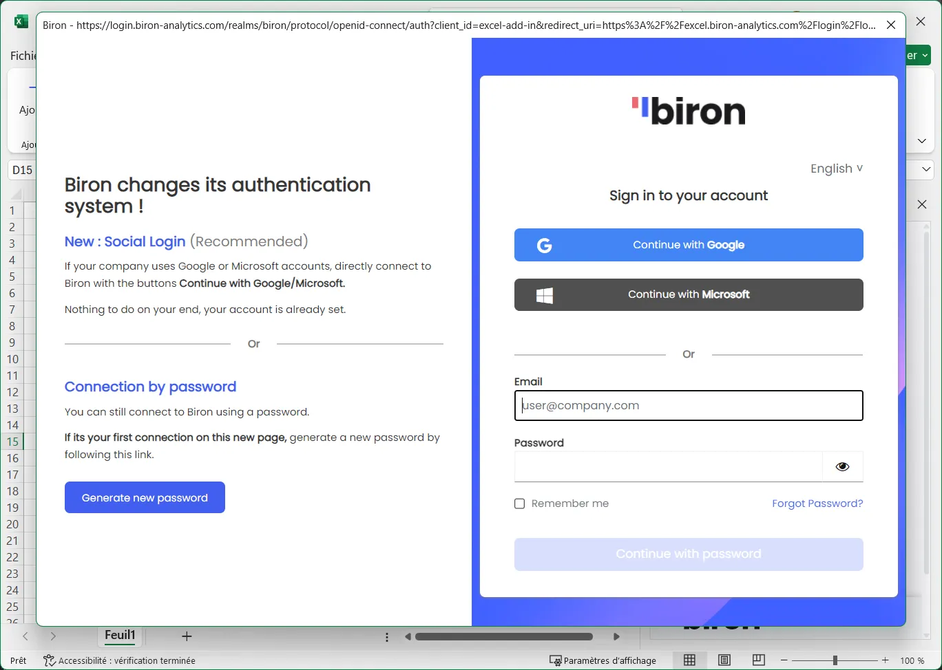 Fenêtre de connexion à Biron dans Excel