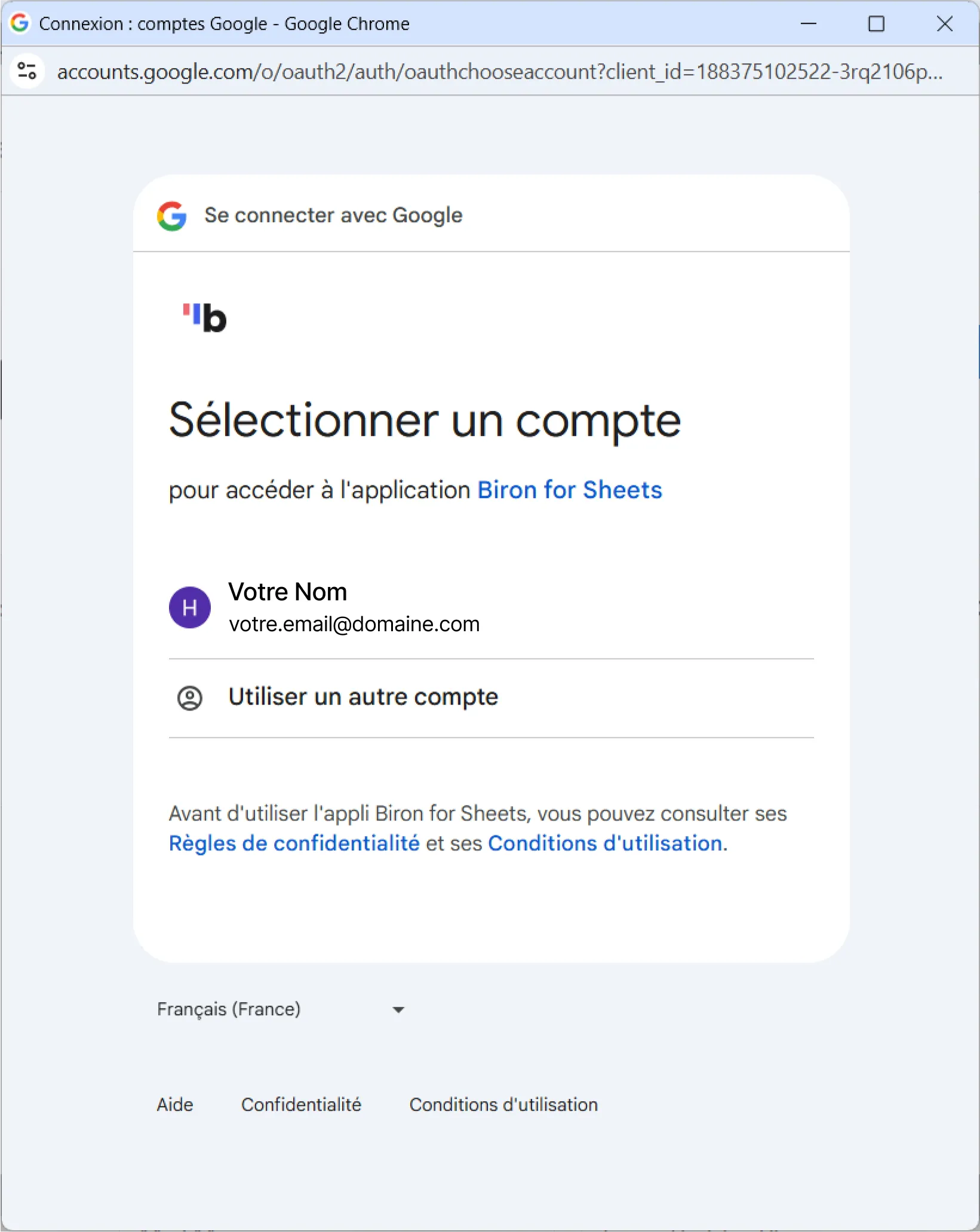 Sélection du compte Google pour autorisation
