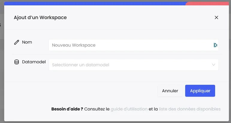 Formulaire de création d'un workspace