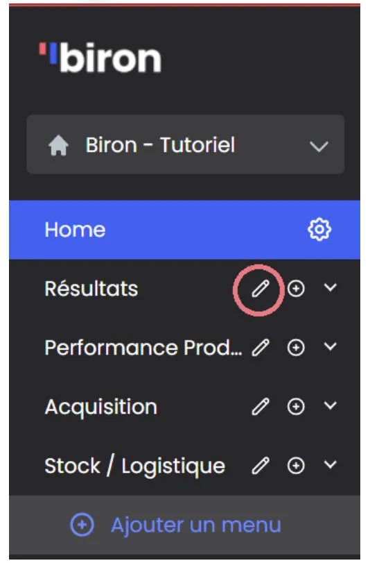 Options de modification d'un menu