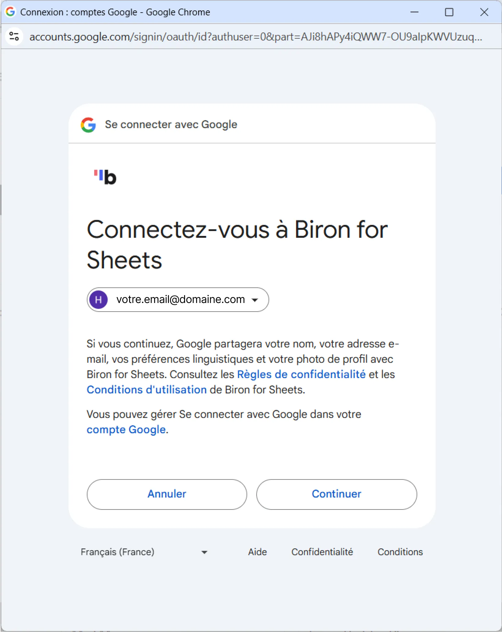 Confirmation des permissions demandées