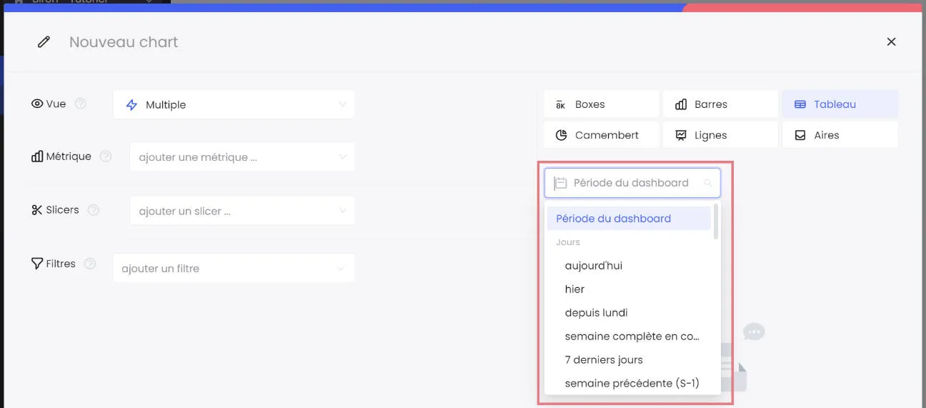 Sélecteur de période statique dans la configuration d'un chart