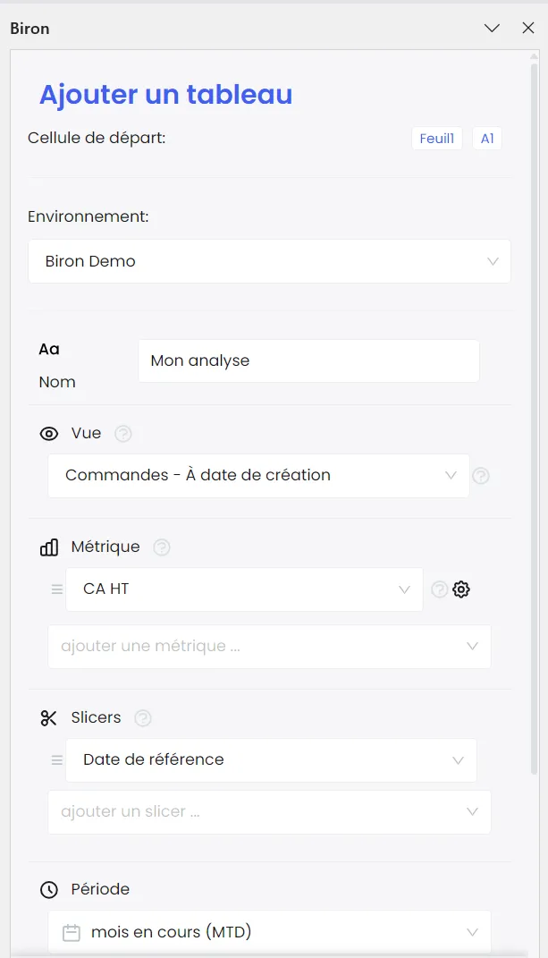 Panneau de configuration d'une analyse