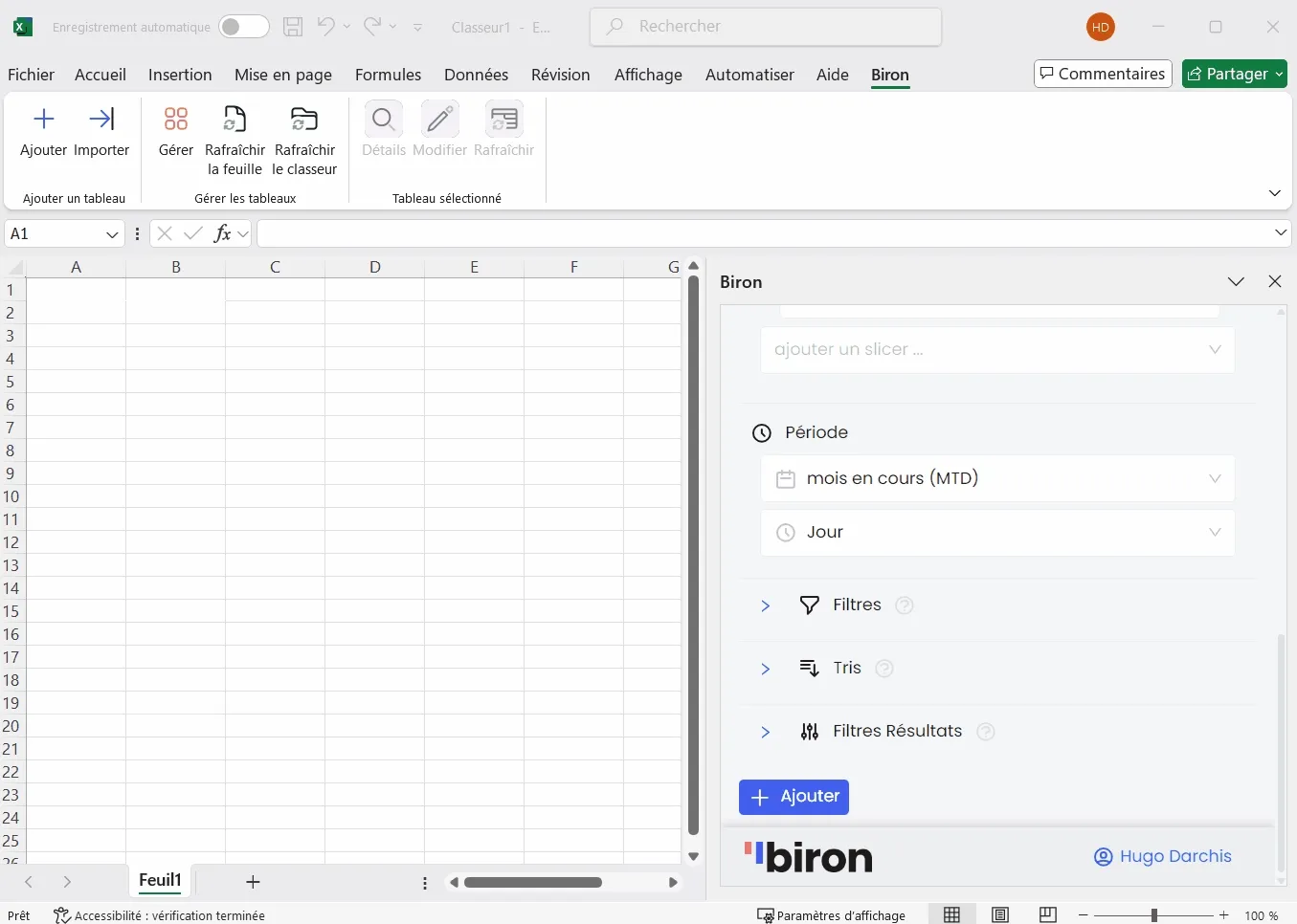 Ajout d'un tableau dans la feuille Excel