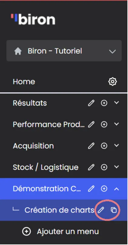 Options d'édition d'un dashboard