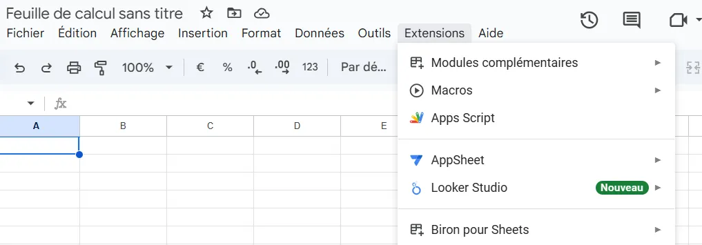 Plugin Biron accessible dans le menu Extensions