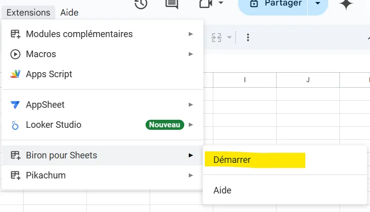 Ouverture du plugin Biron dans Sheets
